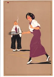 Impression de deux joueurs de tennis dans des postures comiques et humoristiques, vers 1920