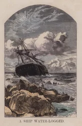 Un navire en perdition (gravure en couleur)