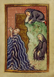 Saint Cuthbert priant dans la mer observé par un moine, et ayant ses pieds séchés par des loutres de mer, de 