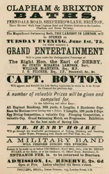 Publicité pour les Bains de Clapham et Brixton, Ferndale Road, Shepherds Lane, Brixton, Londres; avec le Capitaine Boyton