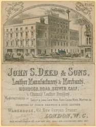 Publicité pour John S Deed & Sons, fabricants et marchands de cuir, 451 New Oxford Street, Londres