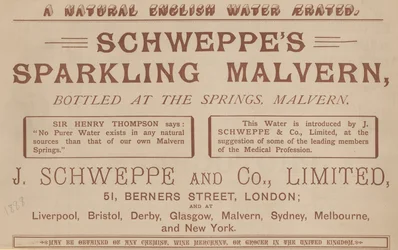 Publicité pour Schweppes Sparkling Malvern, embouteillé aux sources, Malvern
