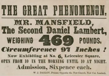 Annonce pour une apparition de M. Mansfield, un deuxième Daniel Lambert, pesant 469 livres