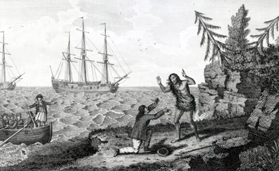 Entrevue émouvante de deux hommes mokitos, illustration tirée des Voyages et voyages de Moore, 1778