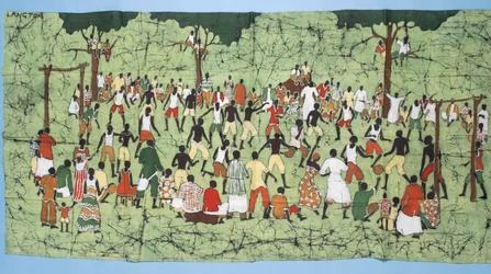 Batik africain, illustrant un match de football avec des spectateurs regardant