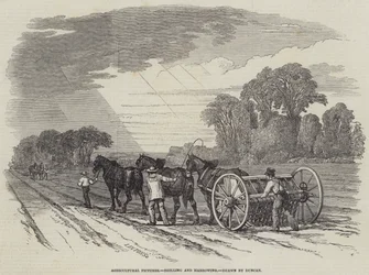 Images agricoles, semis et hersage (gravure)