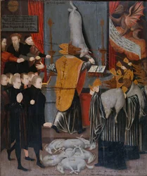 Allégorie anti-catholique avec portraits de Stephen Gardiner, évêque de Winchester et des évêques Bonner et Tunstall en tant que loups, et avec les corps de Hooper, Cranmer, Goodrich, Ridley Latimer et Rogers en tant qu