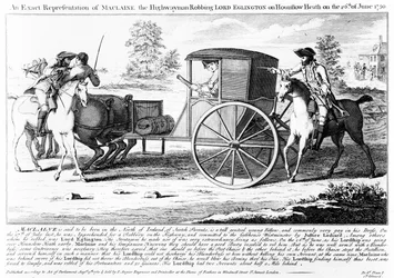 Représentation exacte de Maclaine le bandit de grand chemin volant Lord Eglington sur Hounslow Heath le 26 juin 1750, gravure de Charles Mosley, 1750