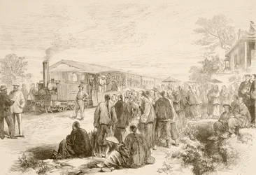 Un chemin de fer chinois ancien vers 1880 (lithographie)