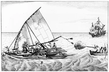 Un incident lors de la circumnavigation du monde par Le Maire (c.1585-1616) et Schouten (c.1567-1625) en 1615-16, du Volume II de Chronological History of the Voyages and Discoveries in the South Sea