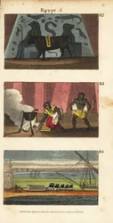 Ancienne idole égyptienne Osiris en tant que bœuf, Omar le Sarrazin brûlant la bibliothèque de Ptolémée Soter en 642 et troupes de Napoléon emportant la tombe d
