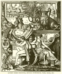 Mobilier grec ancien, instruments de musique, vases, masques, etc. (gravure)