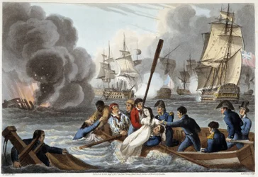 Anecdote à Trafalgar dans « Anecdotes historiques, militaires et navales et incidents arrivés aux armes de la Grande-Bretagne et de leurs alliés, se terminant à Waterloo » par Edward Orme. Ill. par Fry, Sutherland, Clark, Dubourg, W.Heart, JA, Atkinson... 