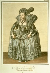 Anne de Danemark (1574-1619) épouse de Jacques I, illustration de The Complete View of the Dress and Habits of the People of England Volume II, publié en 1799