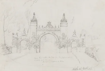 Arc à Wothorp, Cambridgeshire, érigé pour accueillir la reine Victoria et le prince Albert en route vers Burghley House