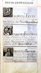 Page listant trois bienfaiteurs du New College, Oxford; Halswell Tynte, Gulielmus Fellowes et Johannes Rogers, d