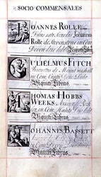 Page listant quatre bienfaiteurs du New College, Oxford; Joannes Rolle, Gulielmus Fitch, Thomas Hobbs Weeks et Johannes Bassett, d