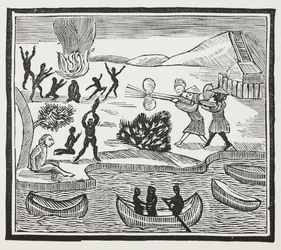 Arrivée des sauvages avec un prisonnier chrétien, illustration de Chap-books du XVIIIe siècle par John Ashton, pub. 1882