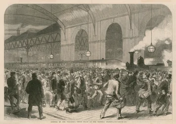 Arrivée du train des ouvriers à un sou à la gare Victoria