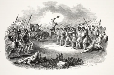Bataille de Rhuddlan Marsh, publié au 19ème siècle (gravure sur acier)