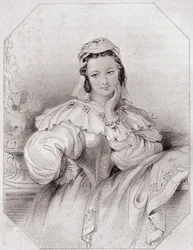 Béatrice, nièce de Léonato (Beaucoup de bruit pour rien) dans - « Galerie des femmes de Shakespeare, collection de quarante-cinq portraits sérieux par les premiers artistes de Londres, enrichie de notices critiques et littéraires » vers 1838 - de « Galerie