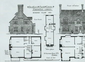 Domaine de Bedford Park, Turnham Green, de The Building News, 1879