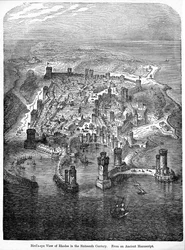 Vue aérienne de Rhodes au XVIe siècle, d