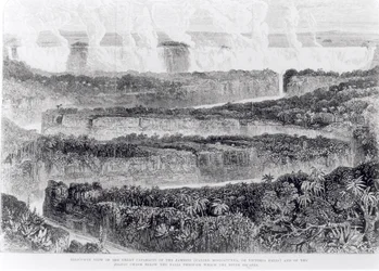 Vue aérienne des grandes cataractes du Zambèze (chutes Victoria) de Narrative of an Exhibition to the Zambesi and its Tributaries, publié en 1865
