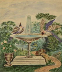 Oiseaux dans une fontaine dans un parc paysager, vers 1840