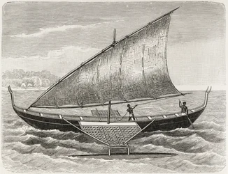 Bateau des îles Mortlock, avec balancier et voile en nattes de jonc, de 