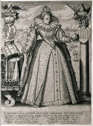 Frontispice de livre célébrant le règne heureux et prospère de la reine Élisabeth I, 1596