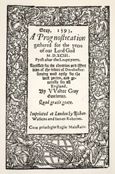 Bordure avec le globe au pied, une prognostication par Walter Gray, imprimée par Watkins et Roberts, 1593