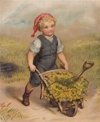 Garçon poussant une brouette pleine de fleurs