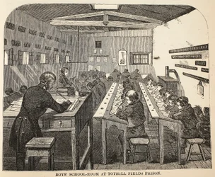 Salle de classe des garçons à la prison de Tothill Fields, illustration de The Criminal Prisons of London and Scenes from Prison Life par Henry Mayhew et John Binny, pub. 1862