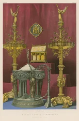 Bénitier et candélabre en bronze par Bachelet de Paris (chromolitho)
