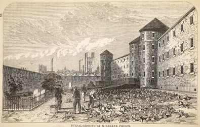 Cimetière à la prison de Millbank, illustration de The Criminal Prisons of London and Scenes from Prison Life par Henry Mayhew et John Binny, pub. 1862