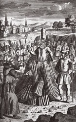Martyrs en train de brûler, illustration tirée de "Foxes Martyrs" vers 1703 (lithographie)
