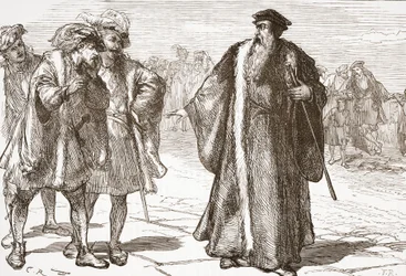 Calvin insulté par les Libertins sur le pont du Rhône, illustration de L