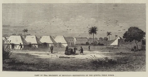 Camp du 59e régiment à Mooltan, rendez-vous de la force de campagne de Quetta (gravure)