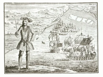 Capitaine Bartholomew Roberts (1682-1722) avec deux navires, le Royal Fortune et le Ranger prennent la mer à Whydah Road sur la côte de Guinée, 11 janvier 172? extrait de A General History of the Robberies and Murders of the most Notorious Pyrates