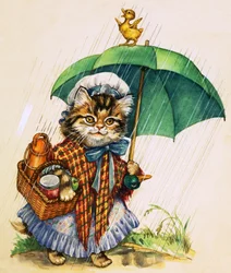Chat avec parapluie (gouache sur papier)