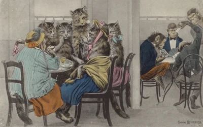 Chats buvant du thé et singes jouant aux cartes (lithographie couleur)