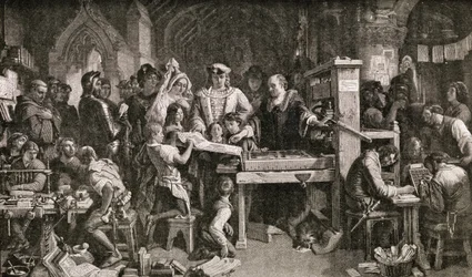 Caxton montrant des spécimens de son impression au roi Édouard IV à l