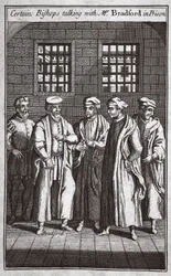 Certains évêques parlant avec M. Bradford en prison, illustration des Martyrs de Foxe vers 1703