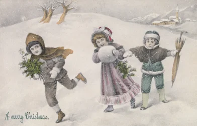Enfants dans la neige, carte postale victorienne (impression)
