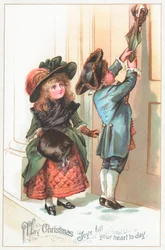 Enfants utilisant un parapluie pour frapper à la porte, Carte de Noël