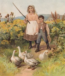 Enfants avec des oies
