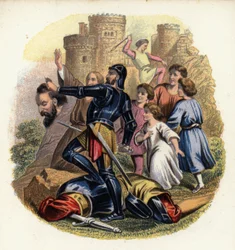 Christiana et les pèlerins regardent Greatheart tuer Giant Despair, une illustration de Le Voyage du pèlerin de John Bunyan