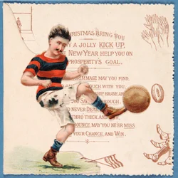 Carte de Noël représentant un footballeur frappant un ballon, vers 1890