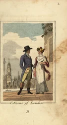 Citoyens de Londres, avec le pont de Westminster et la colonne de Nelson en arrière-plan